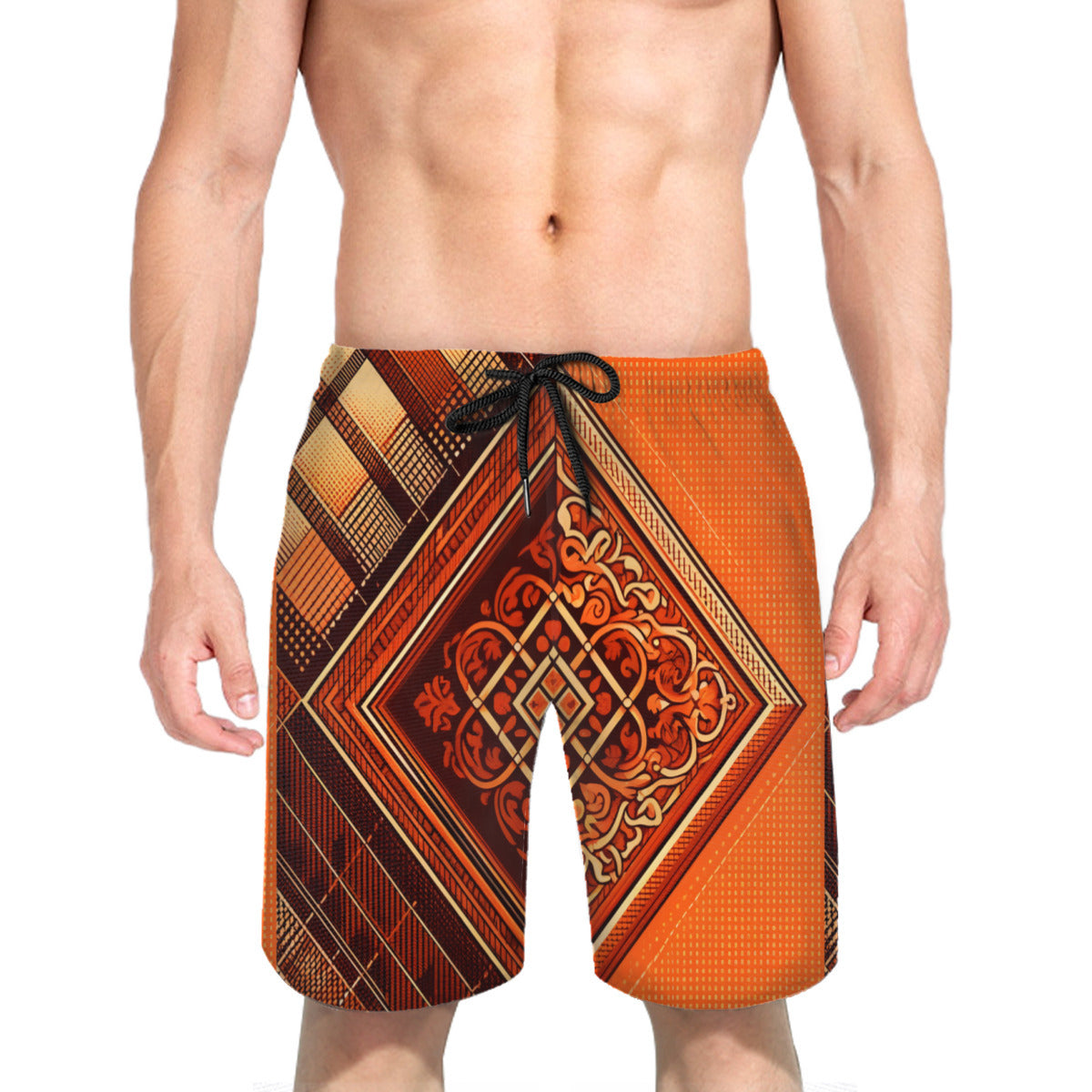 Orange Check Men's Beach Shorts (Not Mesh Lined) | Polyester