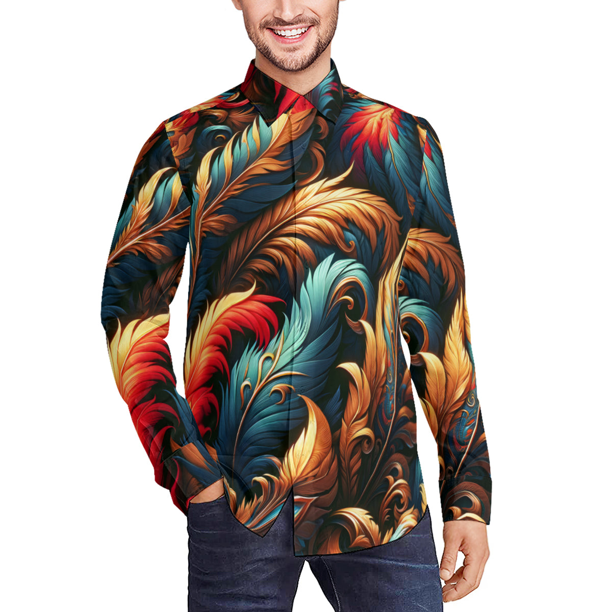 Elegant Feathers  Men's Classic Long-Sleeved Shirt | Polyester