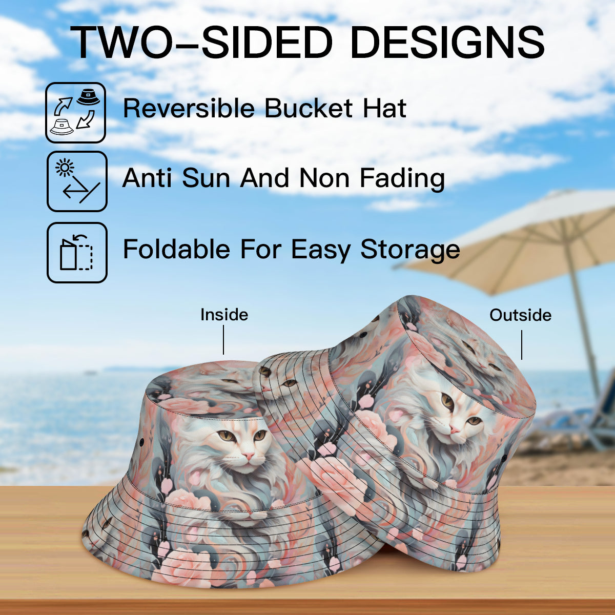 Cute Cat Double-Sided Unisex Polyester Bucket Hat