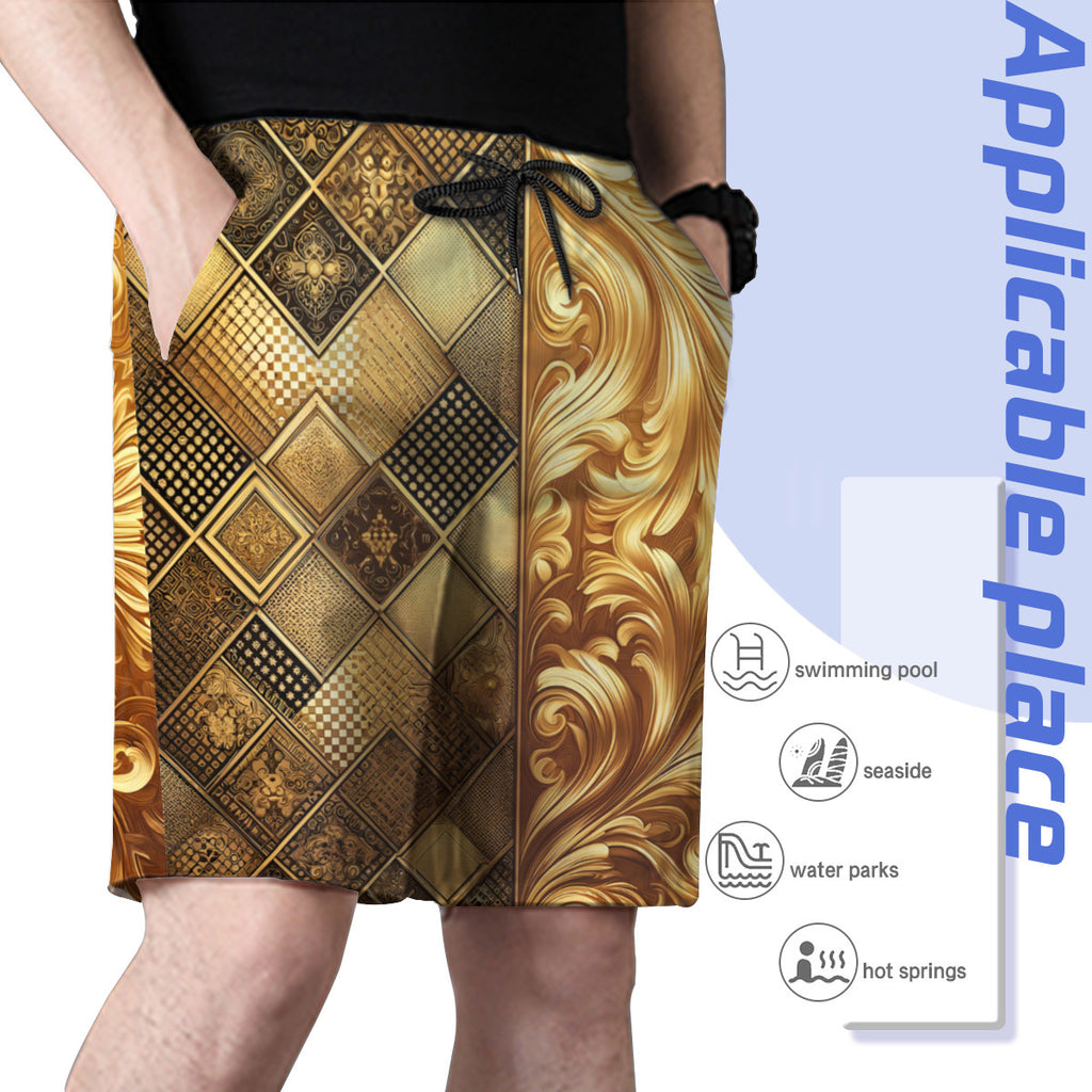 Elegant Gold Men's Beach Shorts (Not Mesh Lined) | Polyester
