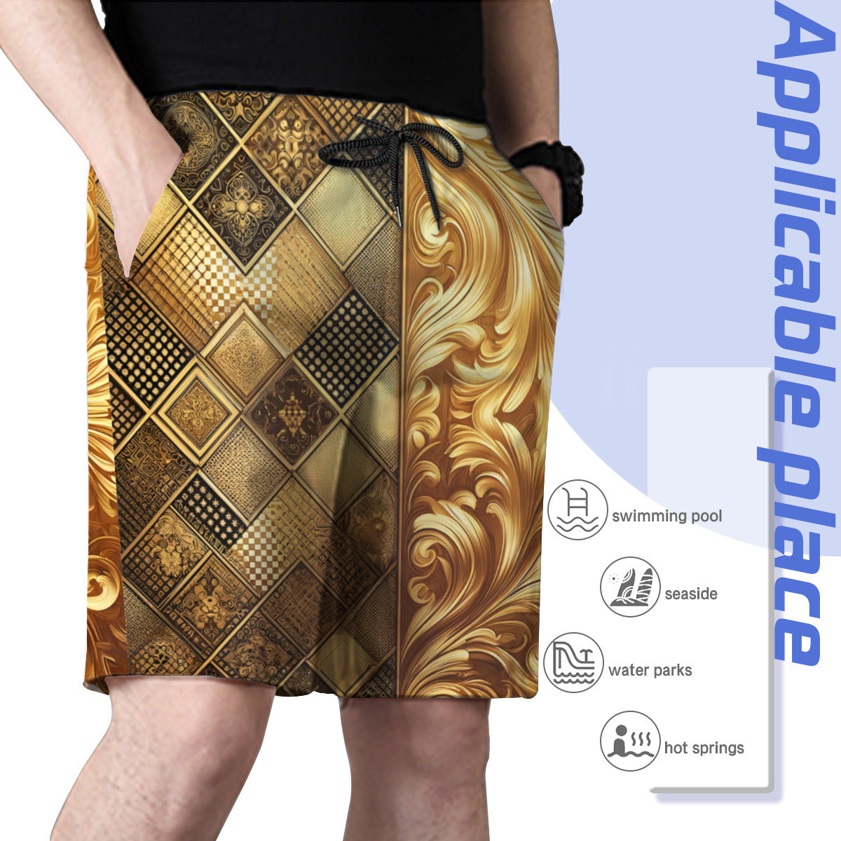 Elegant Gold Men's Beach Shorts (Not Mesh Lined) | Polyester