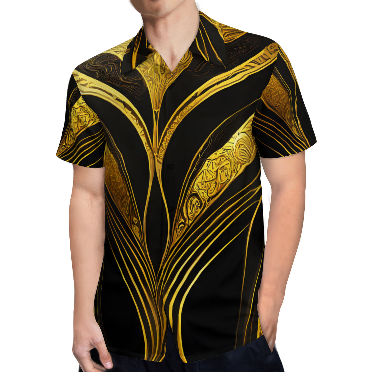Elegant Black And Gold Short Sleeves Men's Shirt