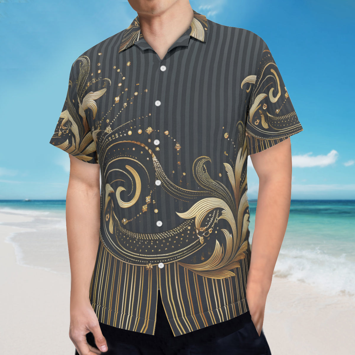 Elegant Black And Gold Short Sleeves Men's Shirt