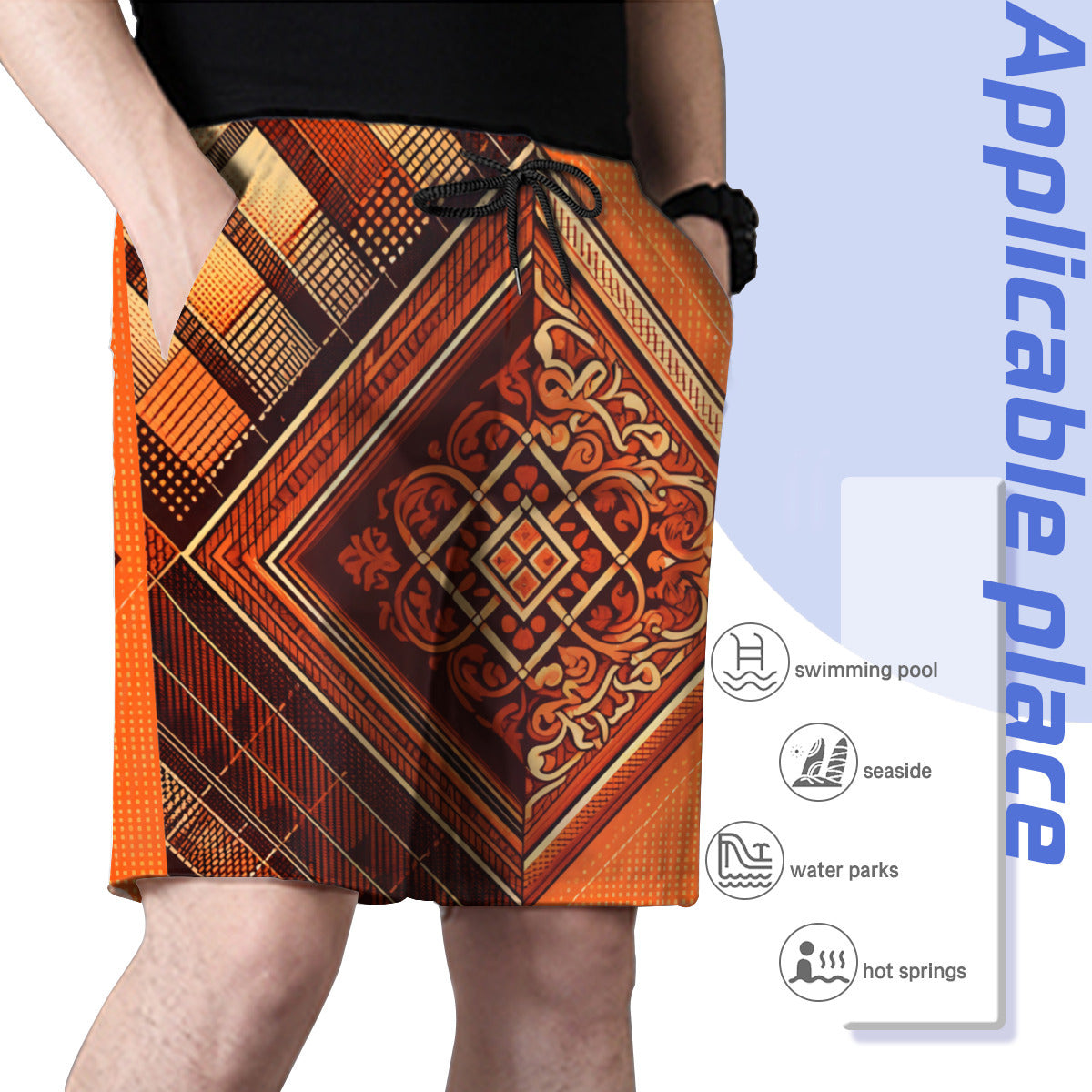 Orange Check Men's Beach Shorts (Not Mesh Lined) | Polyester