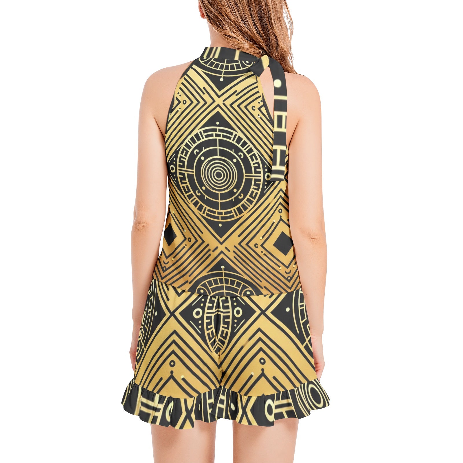 Black And Gold Tie Neck Halter Top and Ruffle Hem Short Set