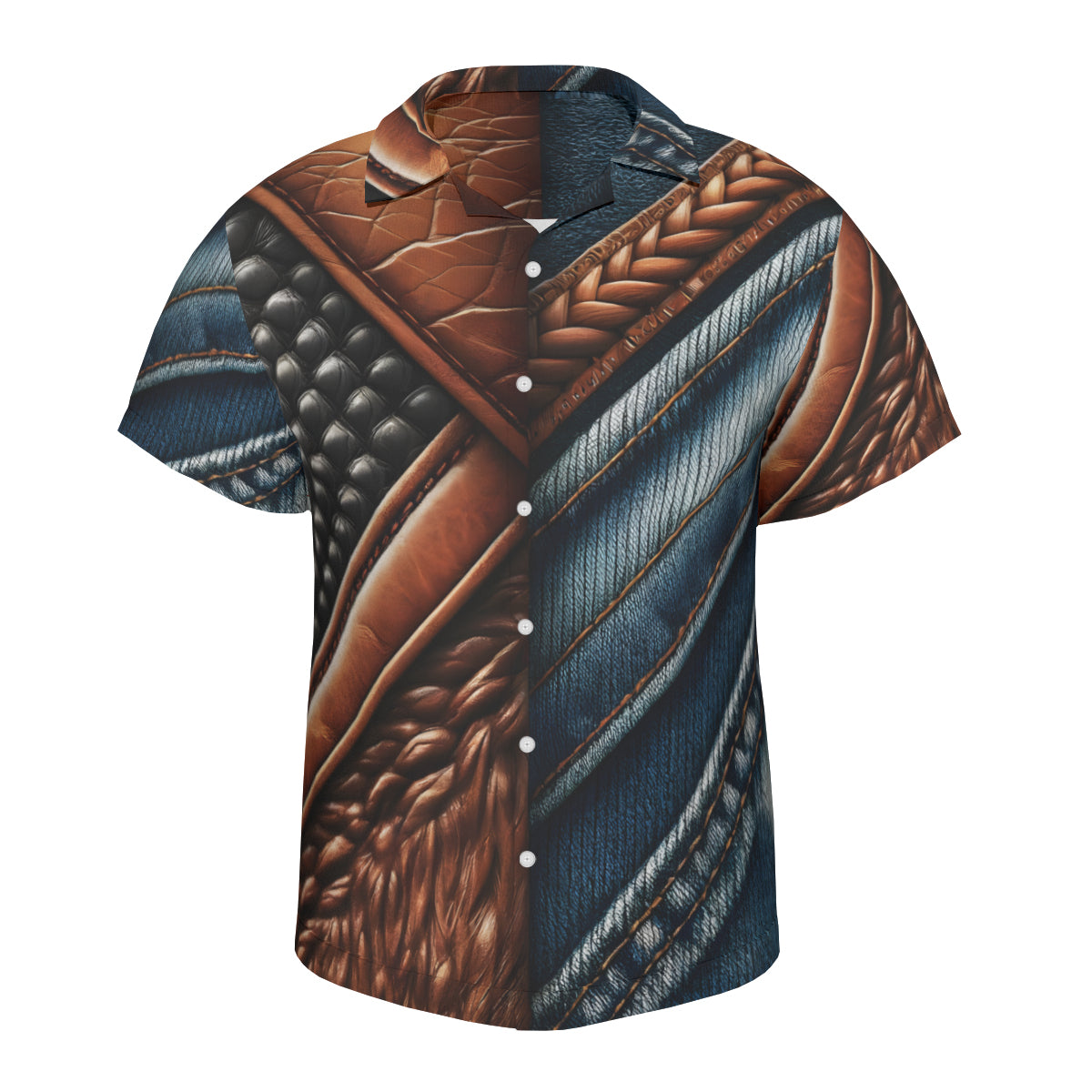 Denim And Leather Design Short Sleeves Men's Shirt