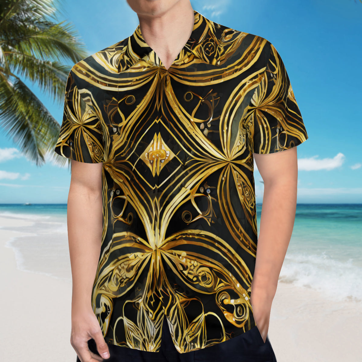 Gold On Black Pattern Short Sleeves Men's Shirt
