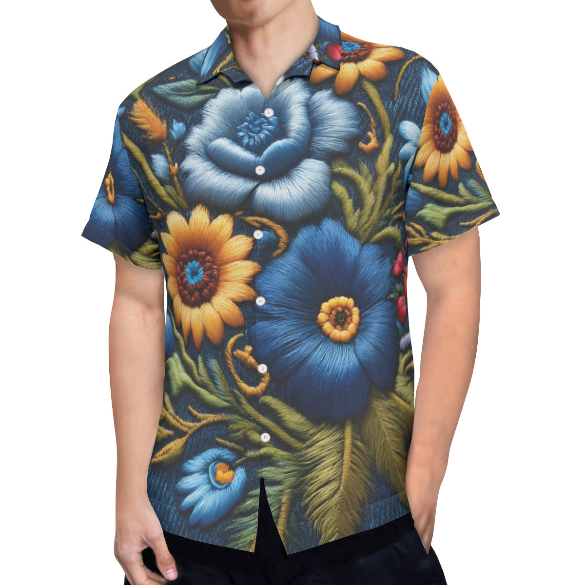 Floral Denim Short Sleeves Men's Shirt
