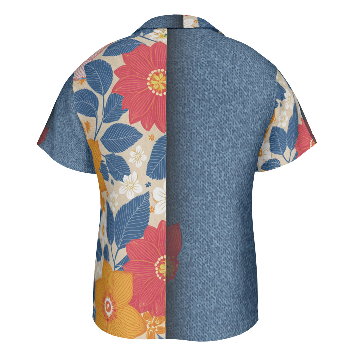 Floral Denim Short Sleeves Men's Shirt - No Chest Pocket