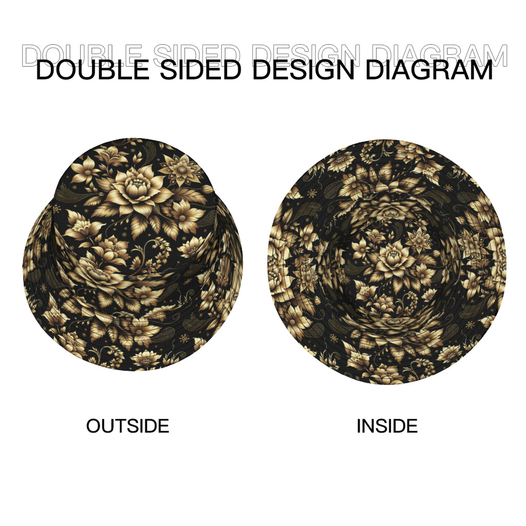 Gold Flowers Double-Sided Unisex Polyester Bucket Hat