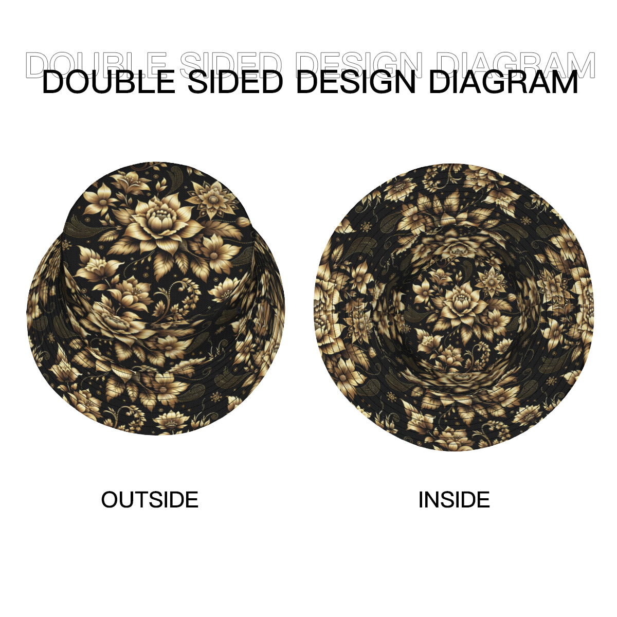 Gold Flowers Double-Sided Unisex Polyester Bucket Hat