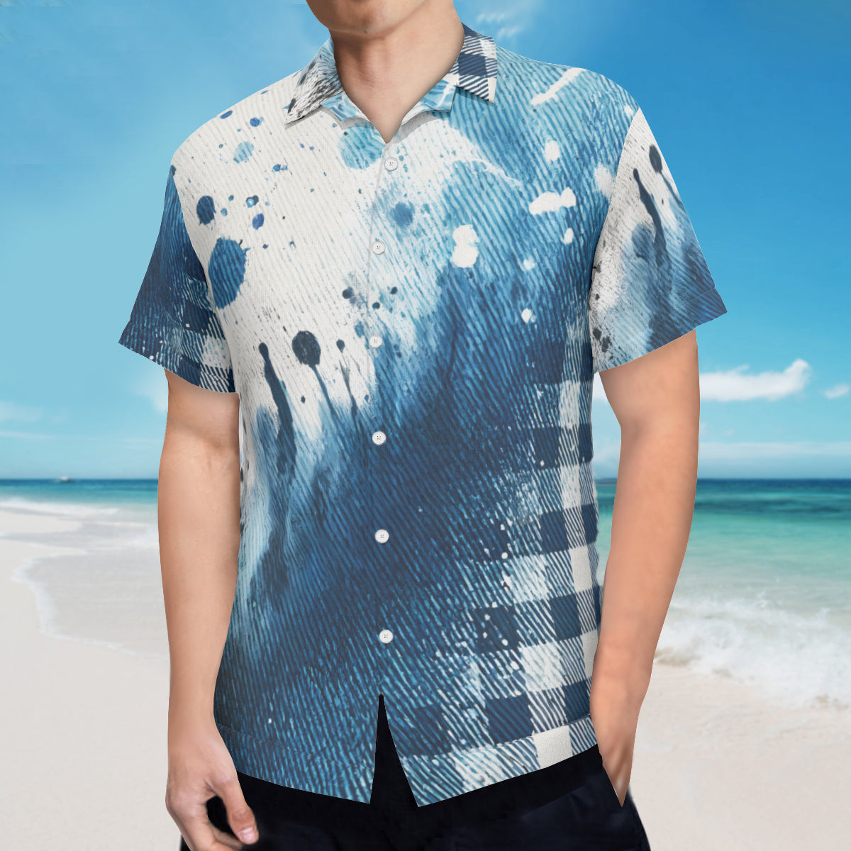 Textured Denim Pattern Short Sleeves Men's Shirt