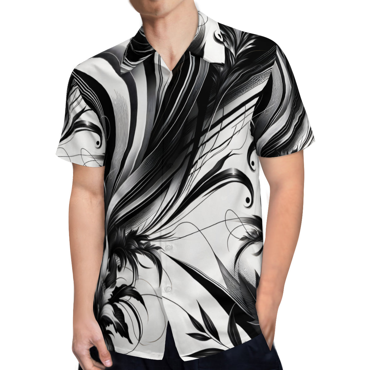 Black And White Floral Short Sleeves Men's Shirt
