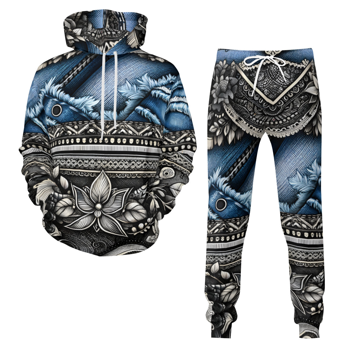 Denim And Lace Design Men's Adult Hoodie Set (Double-Layer Hood) | Health Fabric