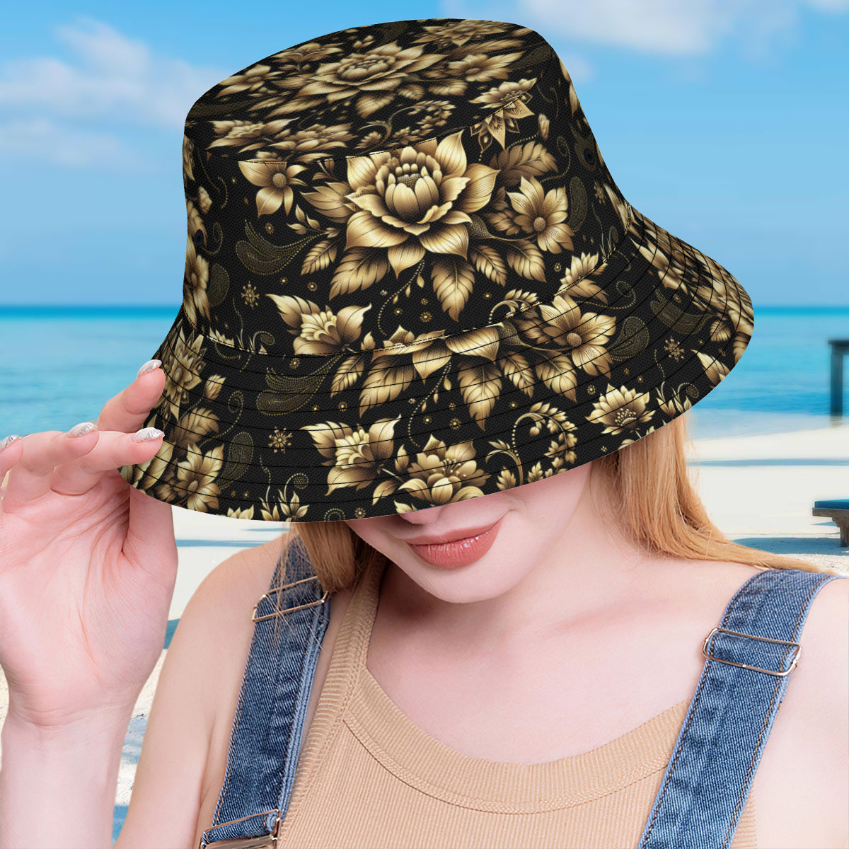 Gold Flowers Double-Sided Unisex Polyester Bucket Hat