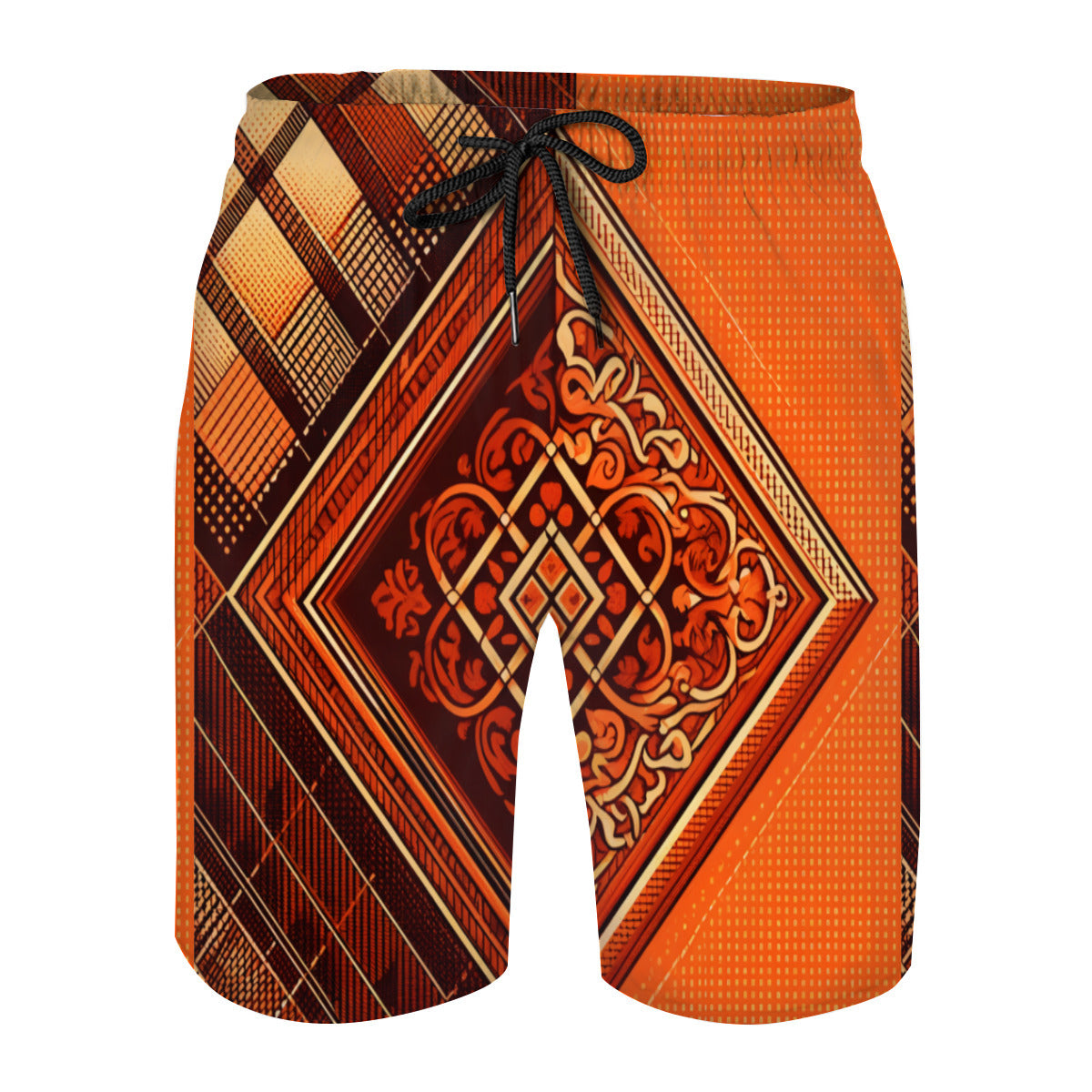 Orange Check Men's Beach Shorts (Not Mesh Lined) | Polyester