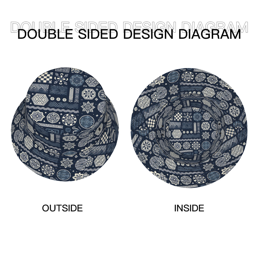 Navy Blue Geometric Shapes Double-Sided Unisex Polyester Bucket Hat