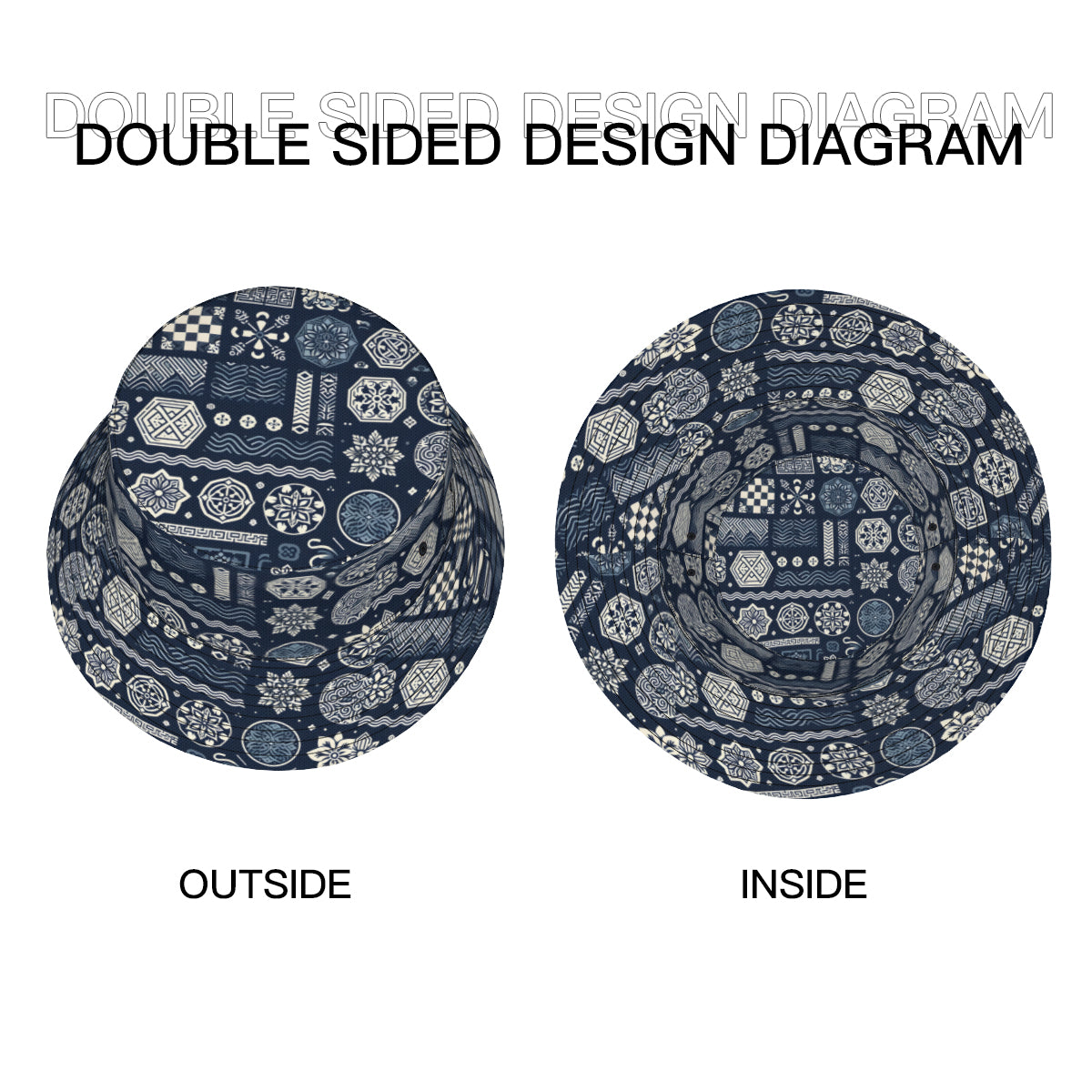 Navy Blue Geometric Shapes Double-Sided Unisex Polyester Bucket Hat