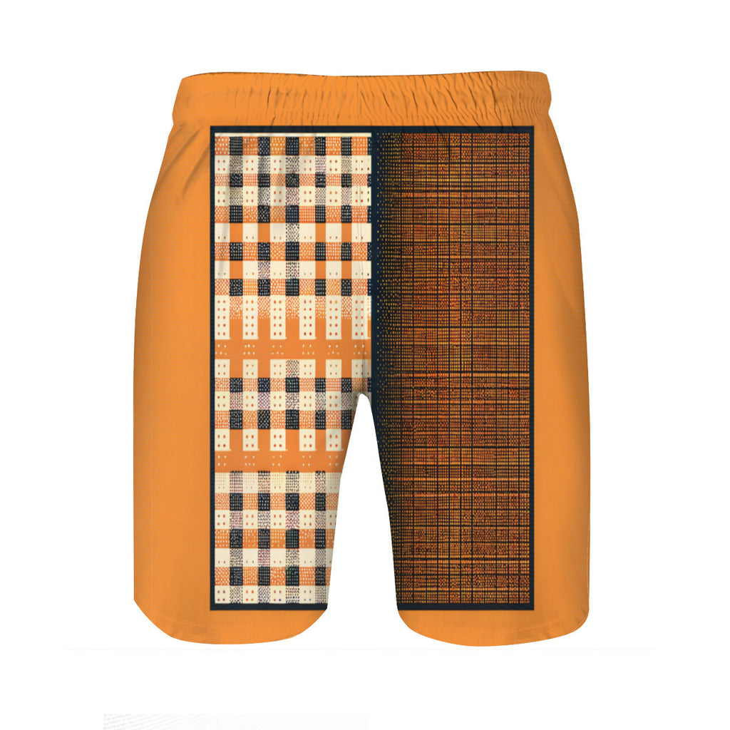 Orange Check Men's Beach Shorts (Not Mesh Lined) | Polyester