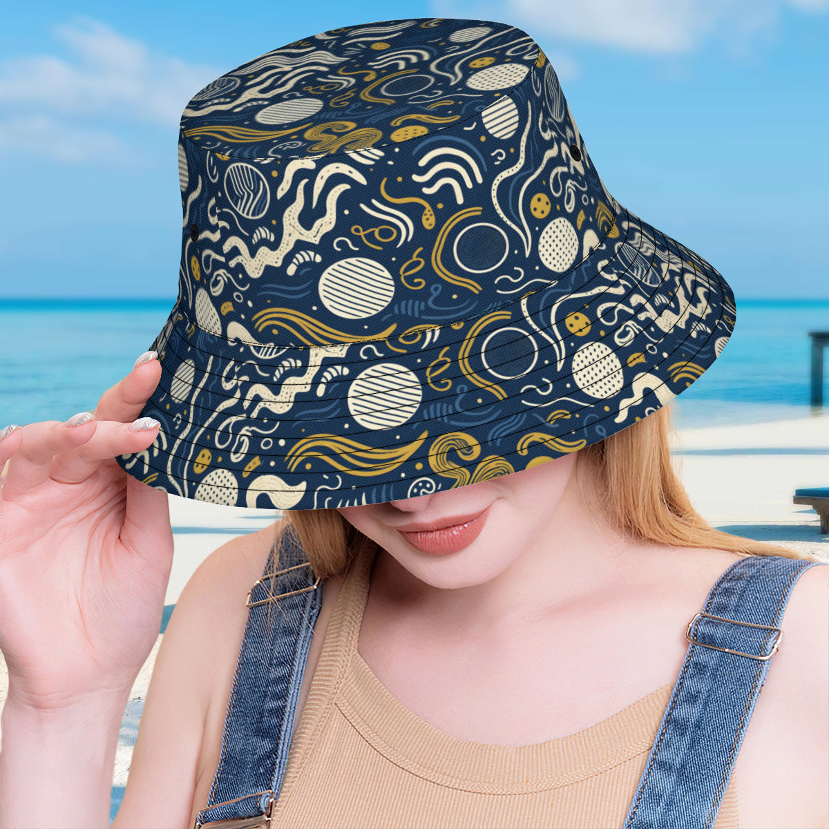 Dark Blue Geometric Shapes Double-Sided Unisex Polyester Bucket Hat