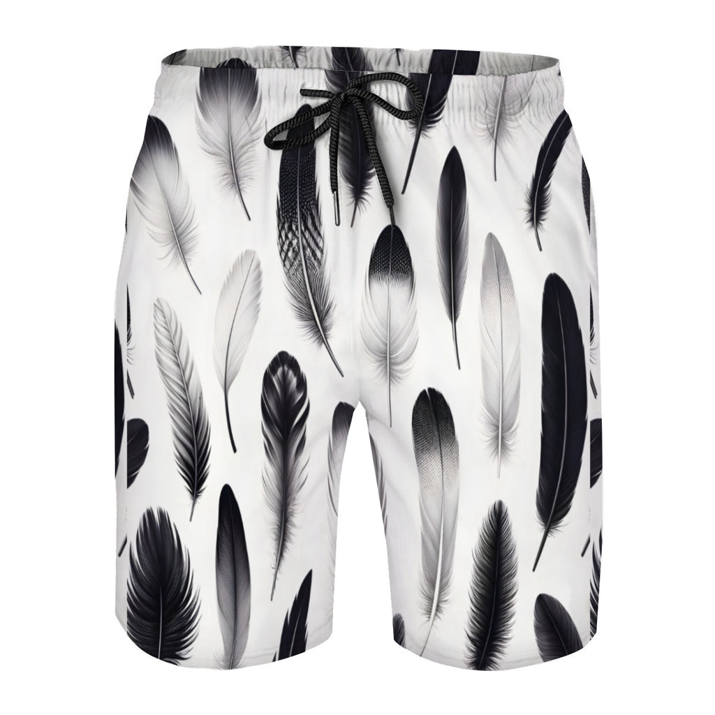 Black And White Feathers Men's Beach Shorts (Not Mesh Lined) | Polyester