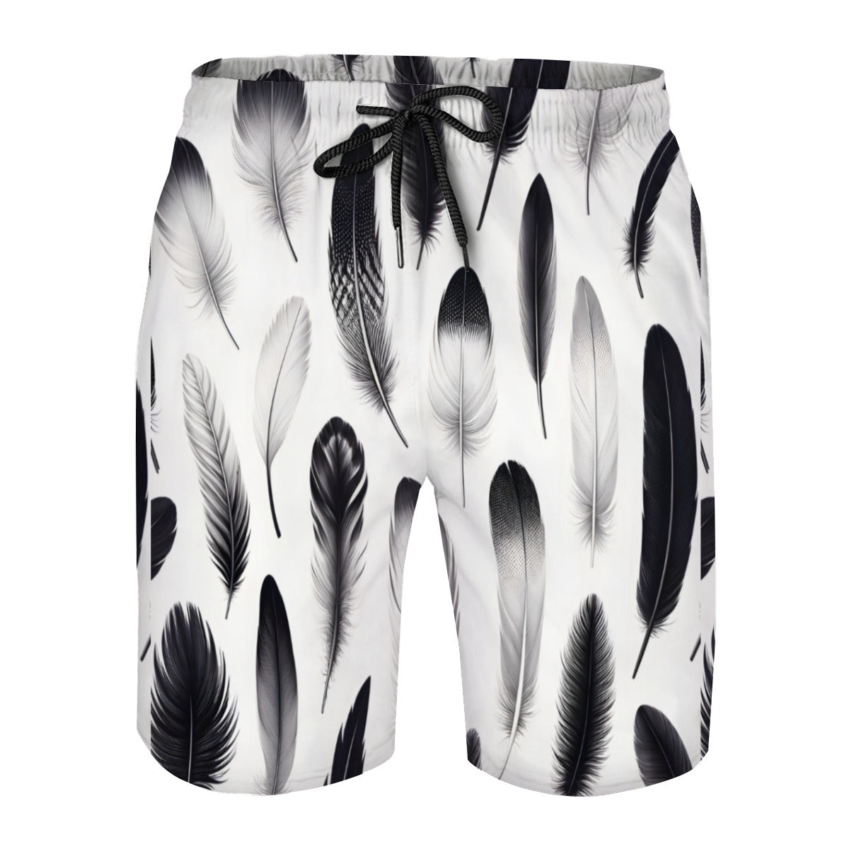 Black And White Feathers Men's Beach Shorts (Not Mesh Lined) | Polyester