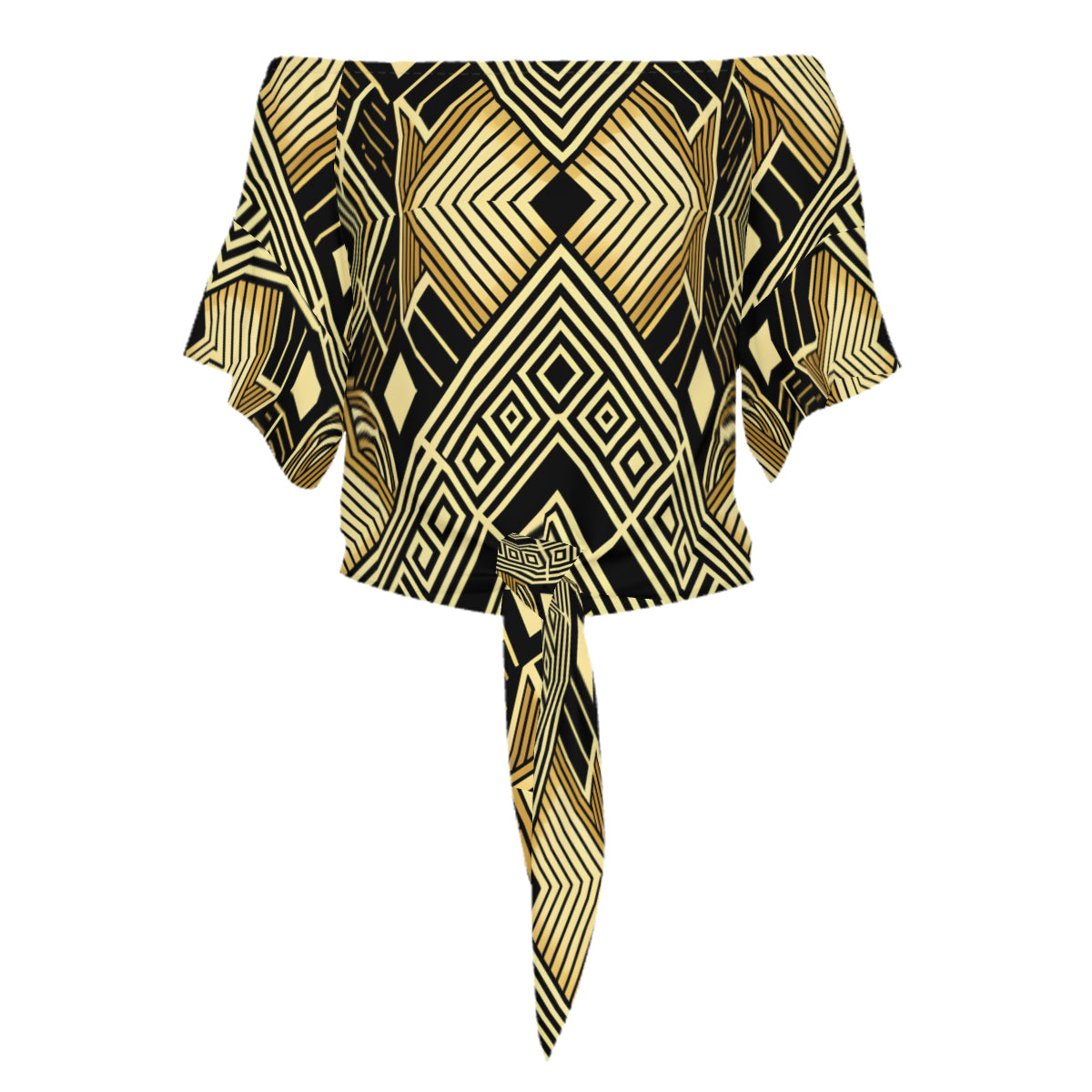 Golden Geometric Shapes Women's One-Shoulder Tie Short Sleeves Polyester Top
