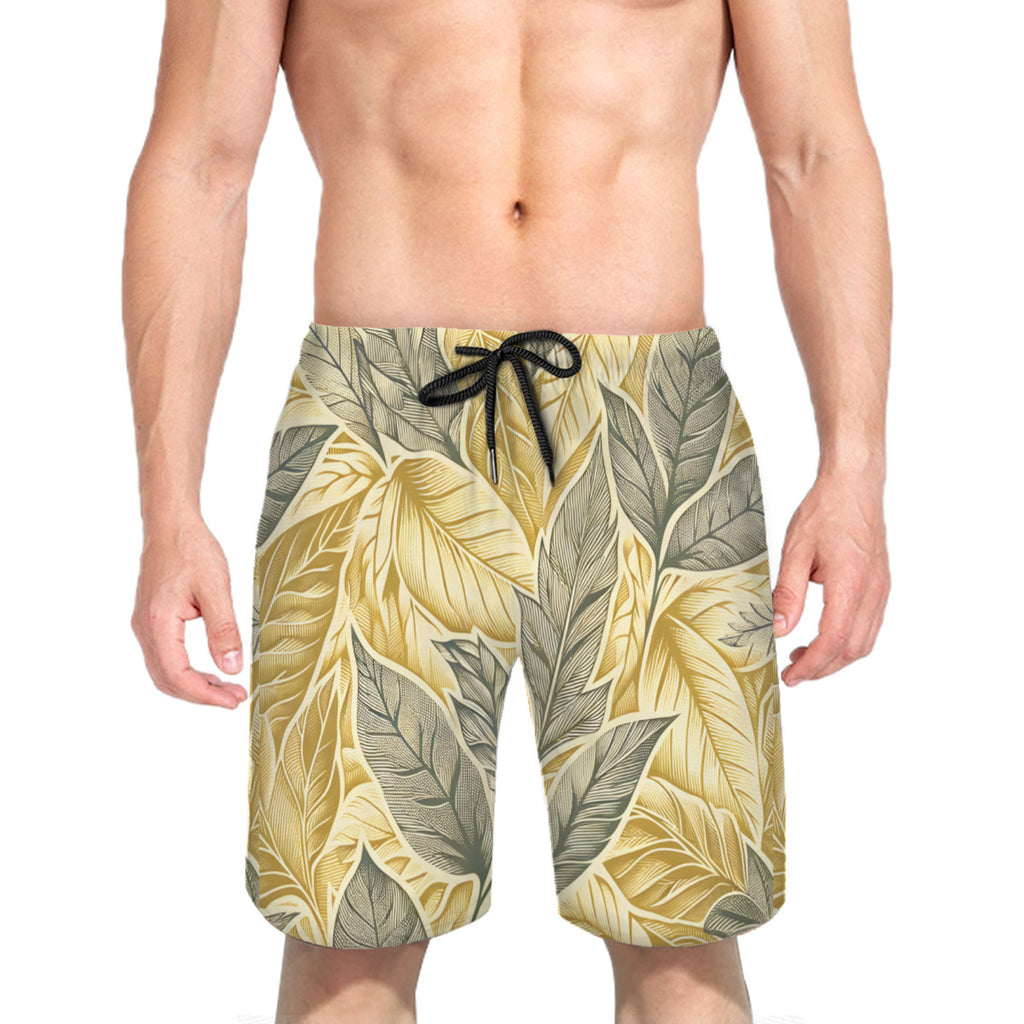 Golden Leaves Men's Beach Shorts (Not Mesh Lined) | Polyester