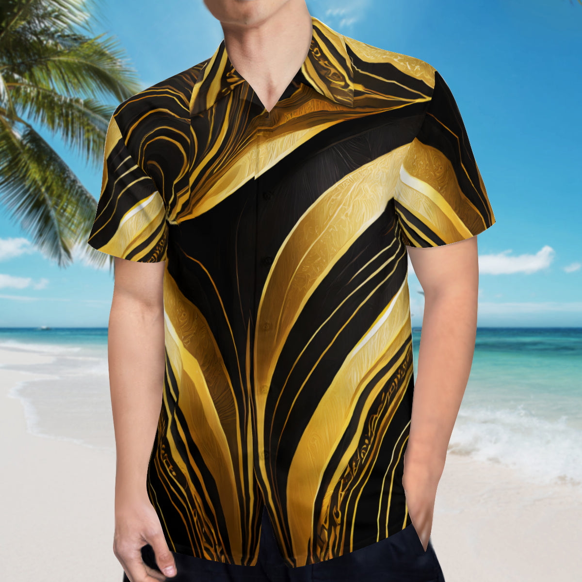 Elegant Black And Gold Short Sleeves Men's Shirt