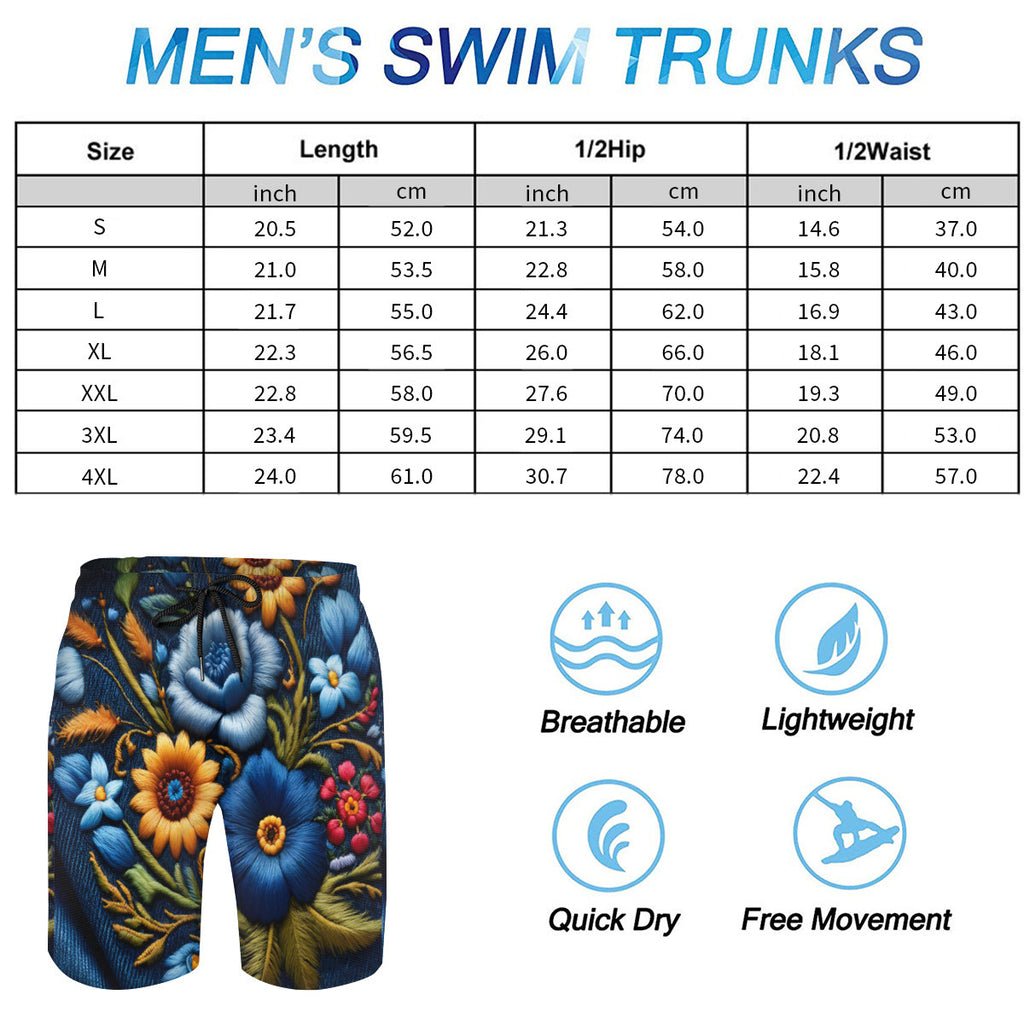 Floral Denim Men's Beach Shorts (Not Mesh Lined) | Polyester