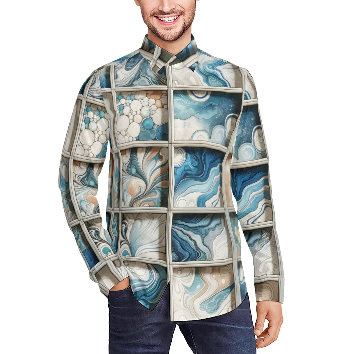 Window Pane Design Long Sleeves Men's Shirt