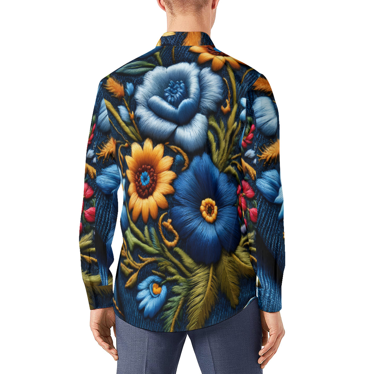 Floral Denim Long Sleeves Men's Shirt