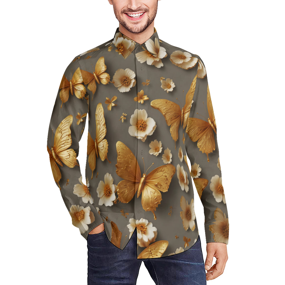 Golden Butterfly Men's Classic Long-Sleeved Shirt | Polyester