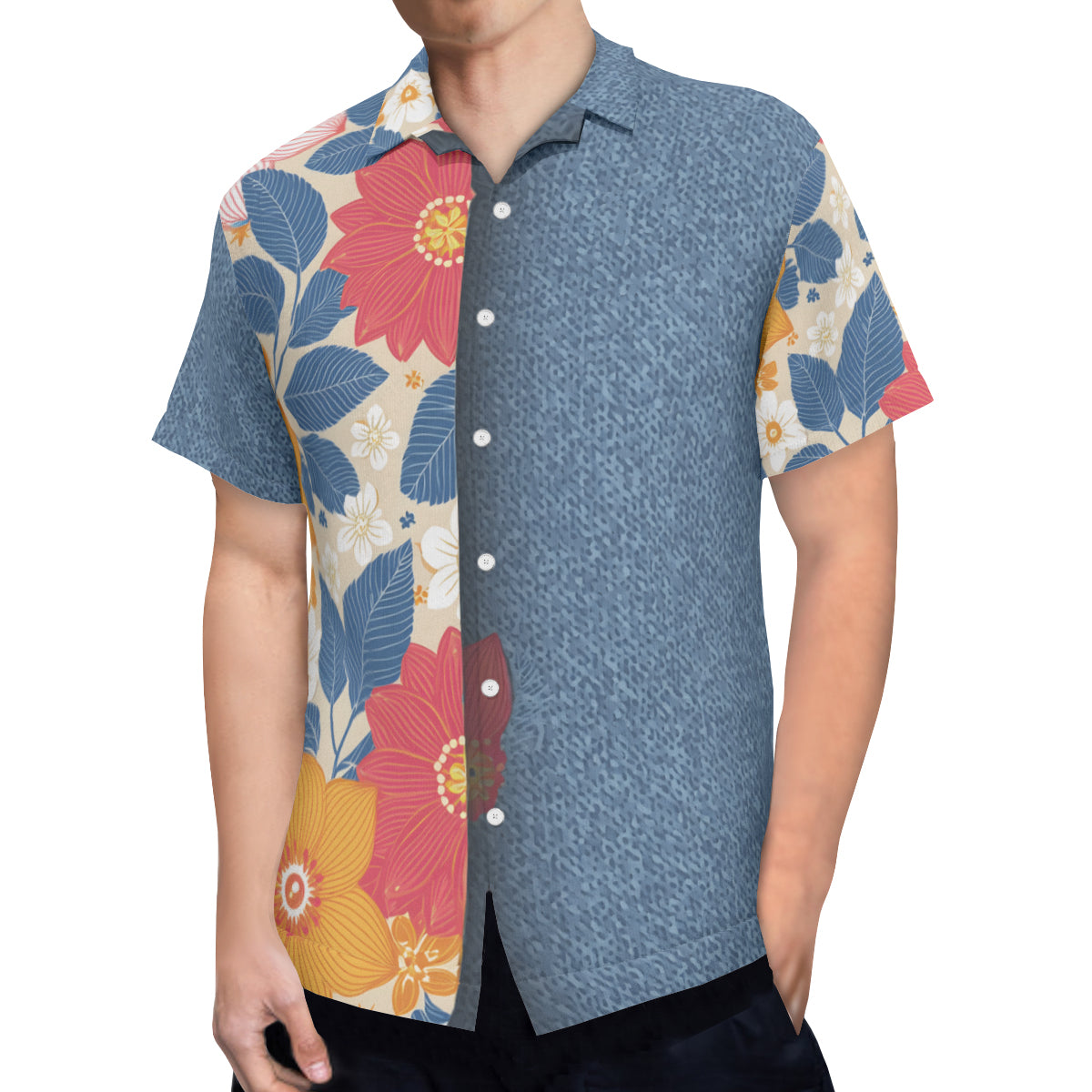 Floral Denim Short Sleeves Men's Shirt - No Chest Pocket