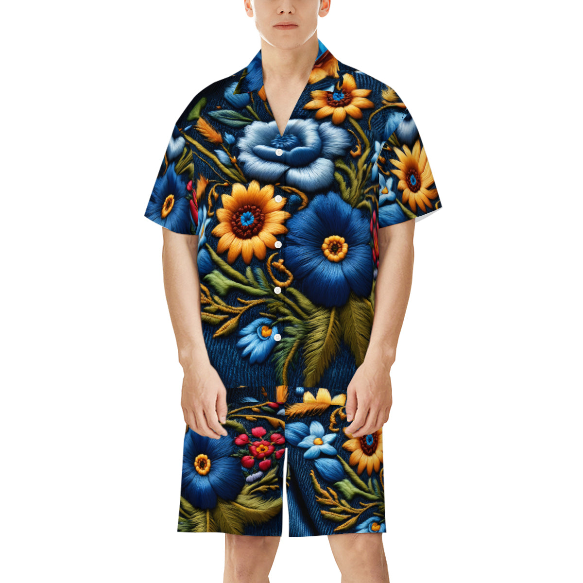 Floral Denim Casual Shirt and Shorts (Multi-faceted Design) | Cotton-Like Polyester