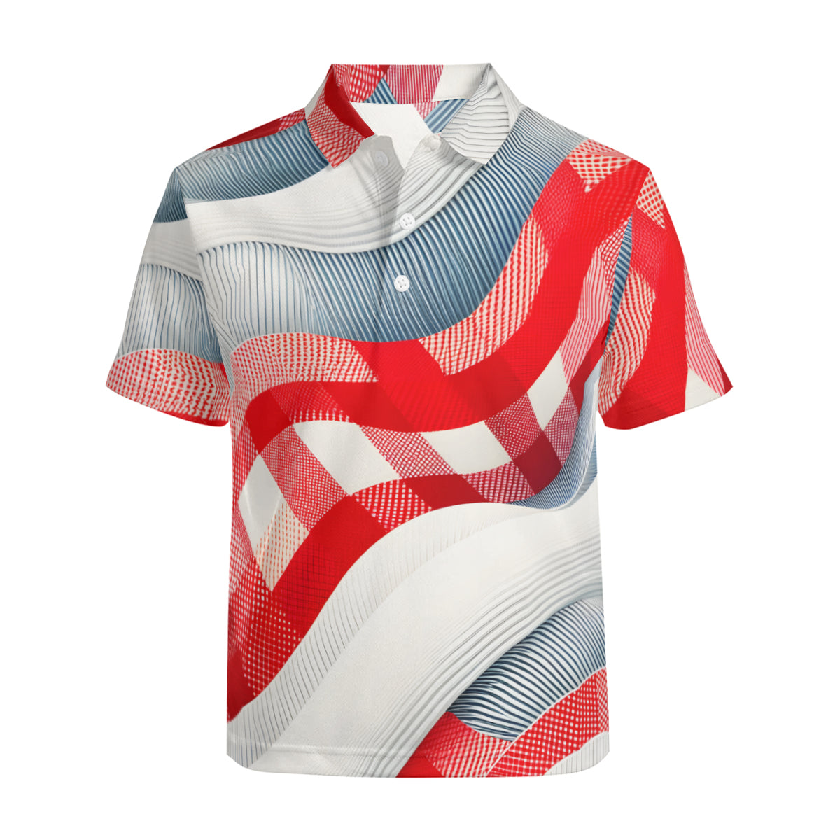 Denim Texture With Bold Red Checks  Men's Premium European Size POLO Shirt | 95% Polyester+5% Spandex