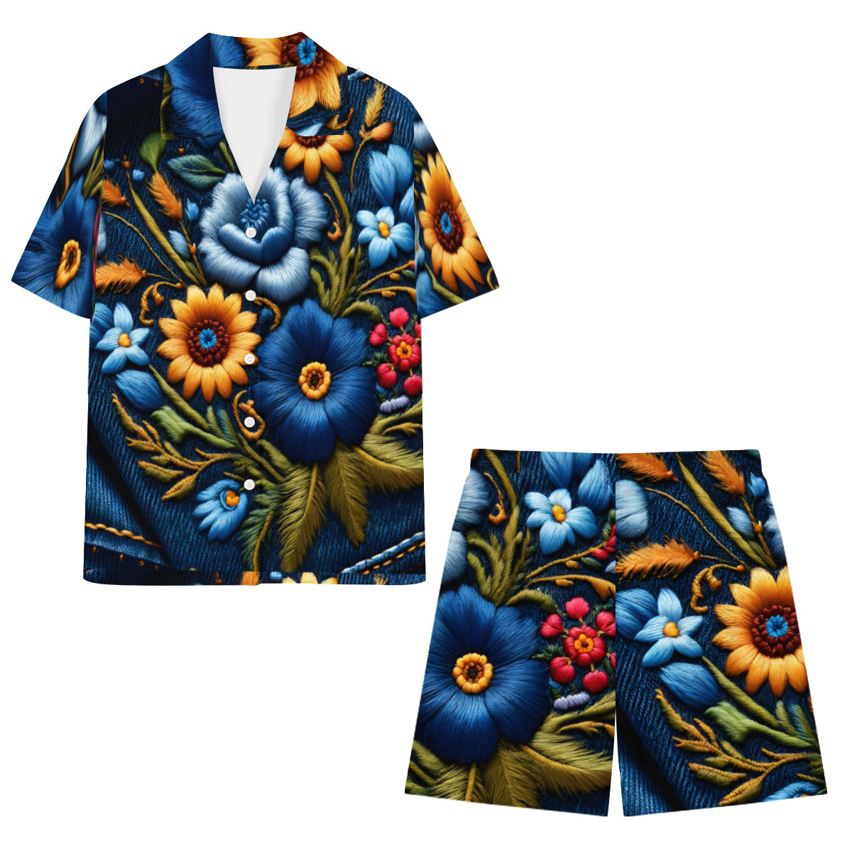 Floral Denim Casual Shirt and Shorts (Multi-faceted Design) | Cotton-Like Polyester