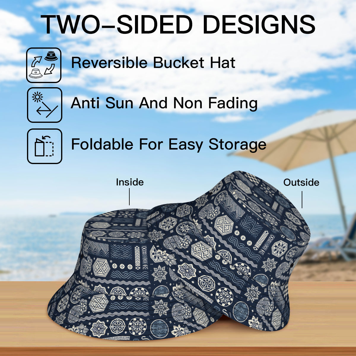 Navy Blue Geometric Shapes Double-Sided Unisex Polyester Bucket Hat