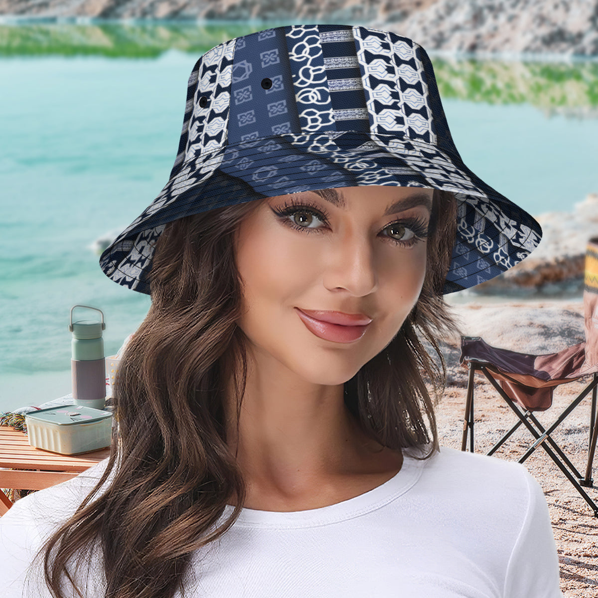 Navy Blue Geometric Shapes Double-Sided Unisex Polyester Bucket Hat