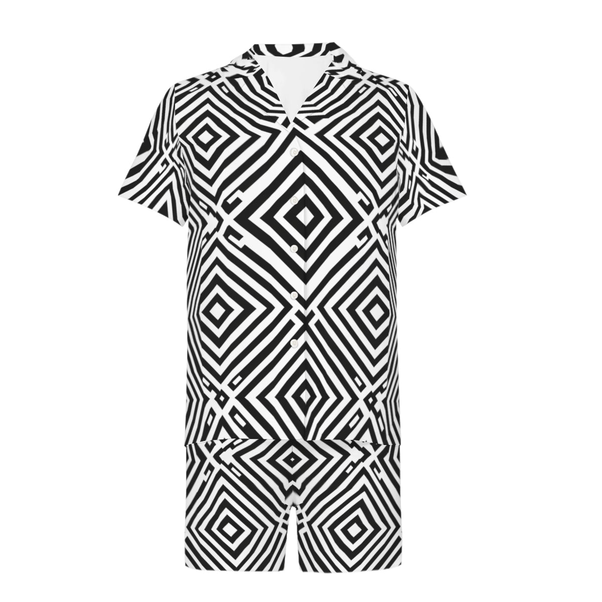 Black Geometric Shapes Men's Shirt and Shorts Set (Multi-faceted Design) | Cotton-Like Polyester