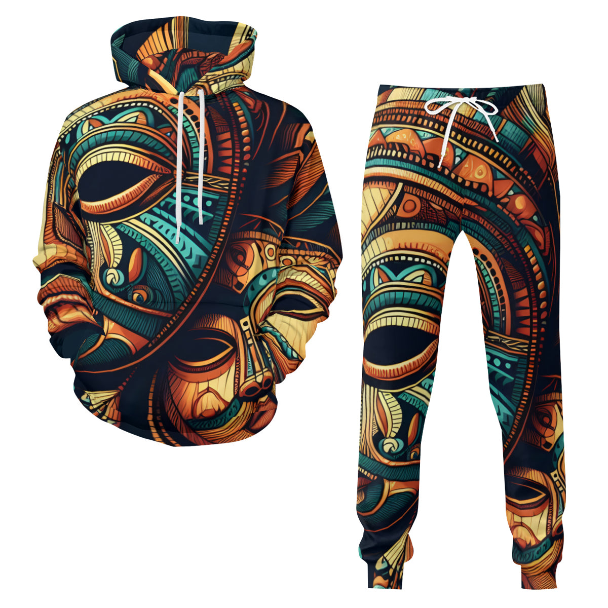 Abstract African Motifs Men's Adult Hoodie Set (Double-Layer Hood) | Health Fabric