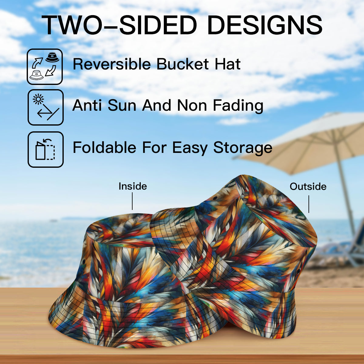 Abstract Feathers Double-Sided Unisex Polyester Bucket Hat