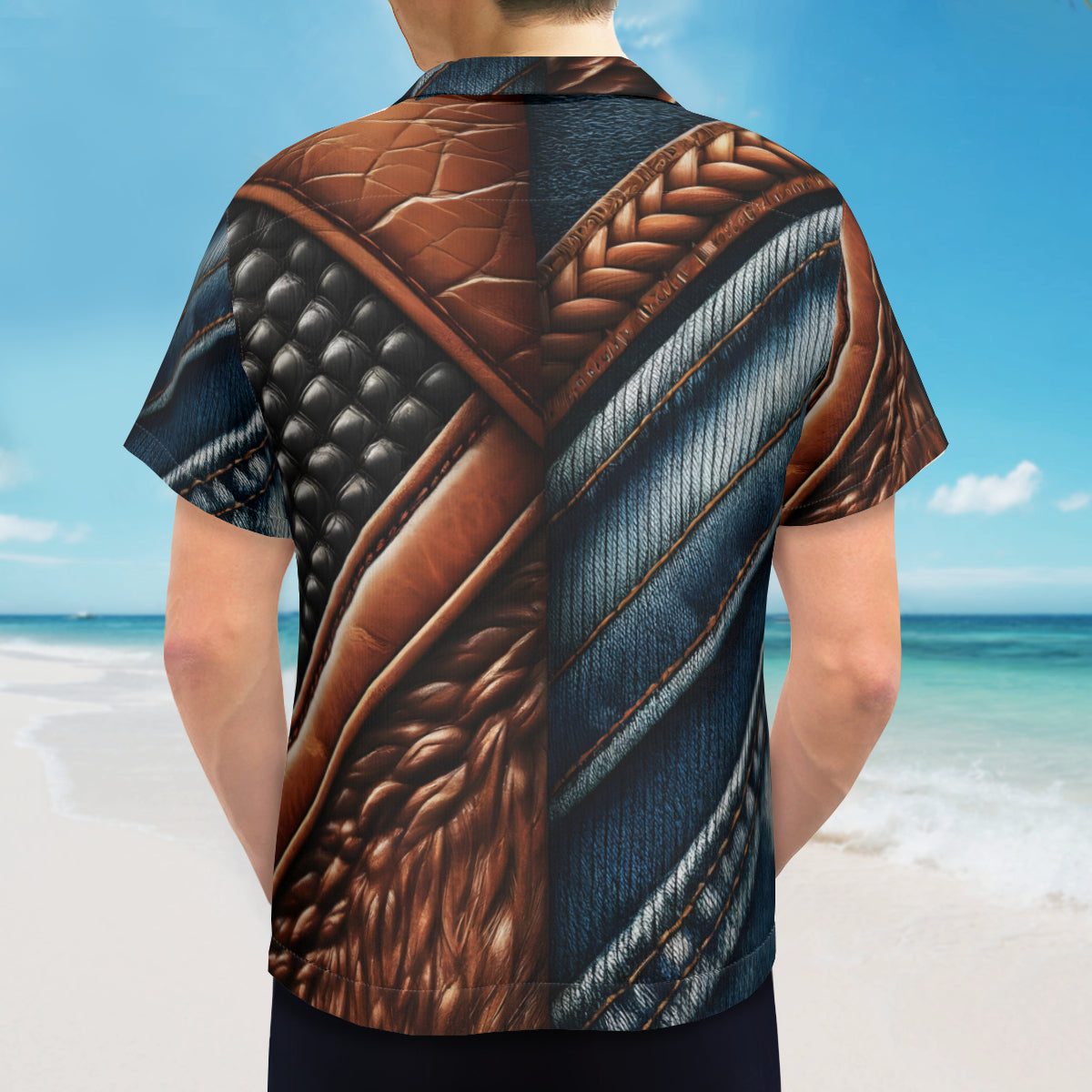 Denim And Leather Design Short Sleeves Men's Shirt