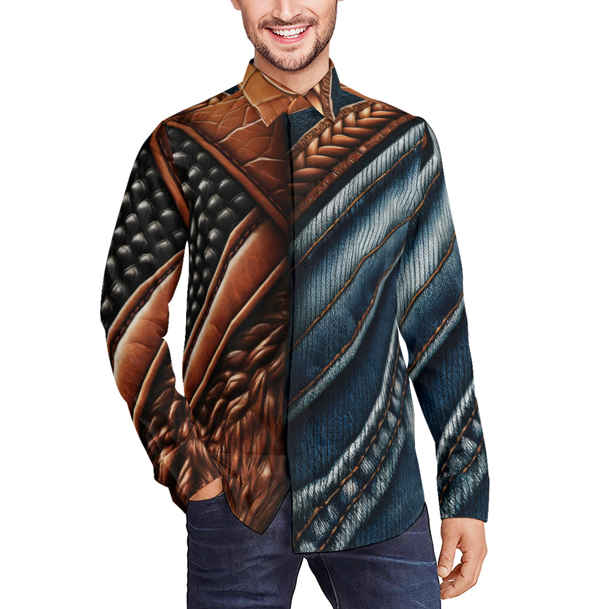Denim And Leather Design Long Sleeves Men's Shirt