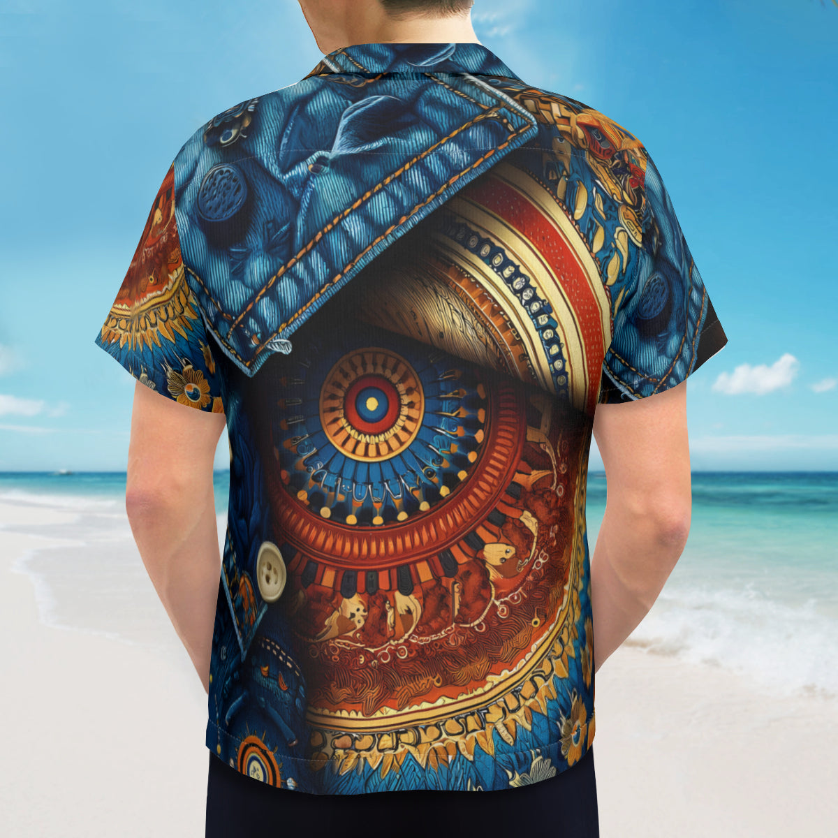 Denim And African Design Short Sleeves Men's Shirt