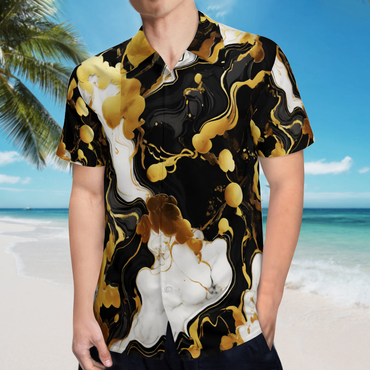 Marble Gold Black Short Sleeves Men's Shirt