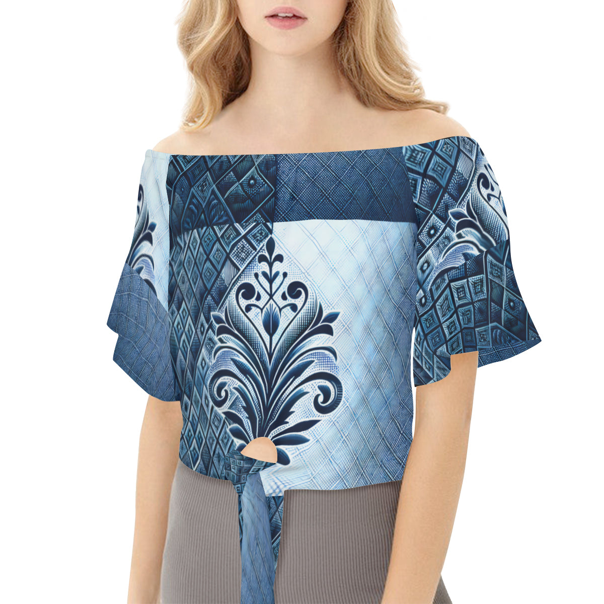 Blue One-Shoulder Tie Short Sleeves