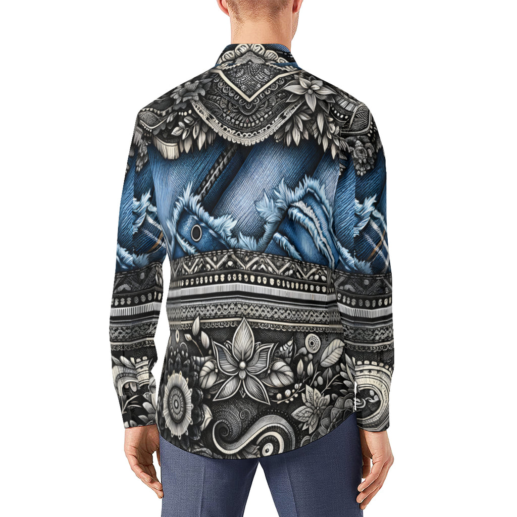 Denim And Lace Design Long Sleeves Men's Shirt