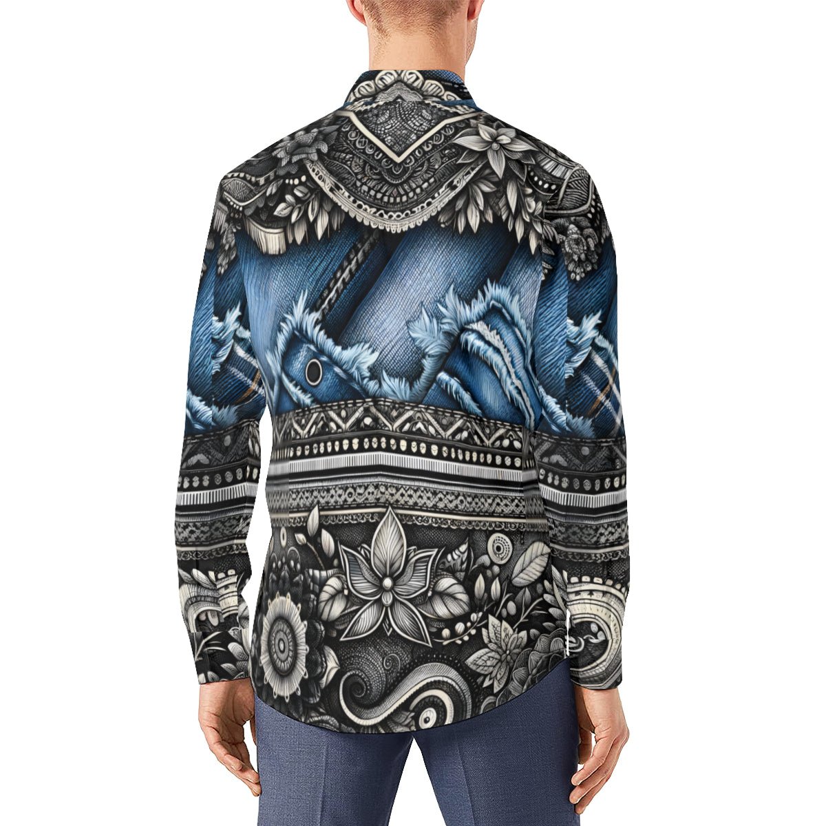 Denim And Lace Design Long Sleeves Men's Shirt