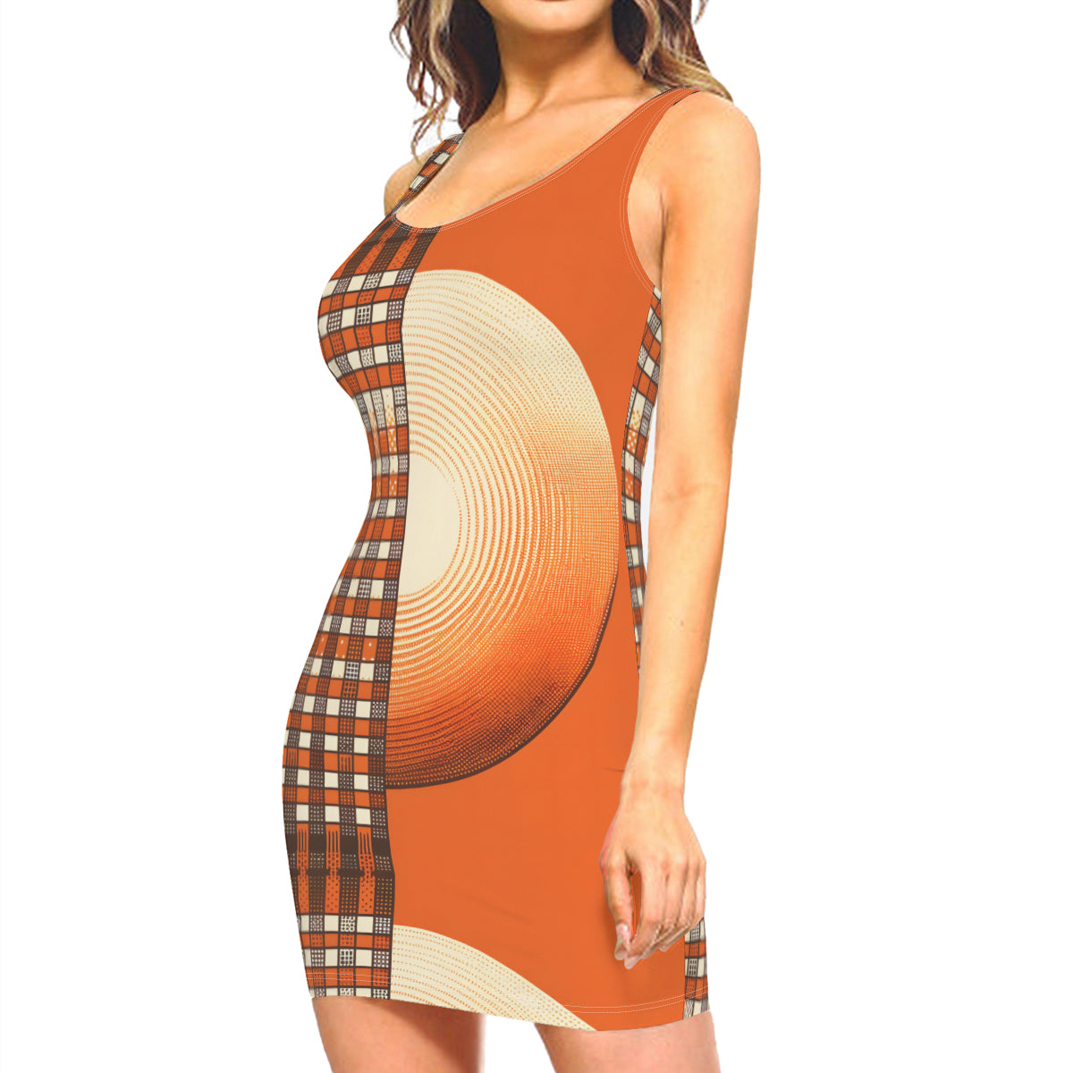 Orange Check Sleeveless Slim-Fit Euro-Size Tank Slip Dress | Polyester